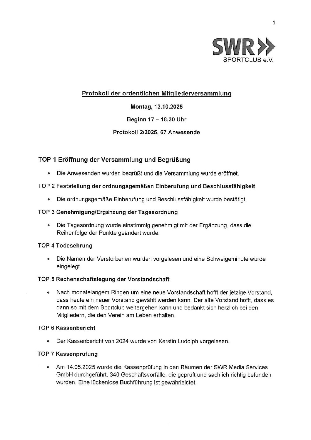 Generalversammlung – SWR Sportclub e.V. Oktober 2025