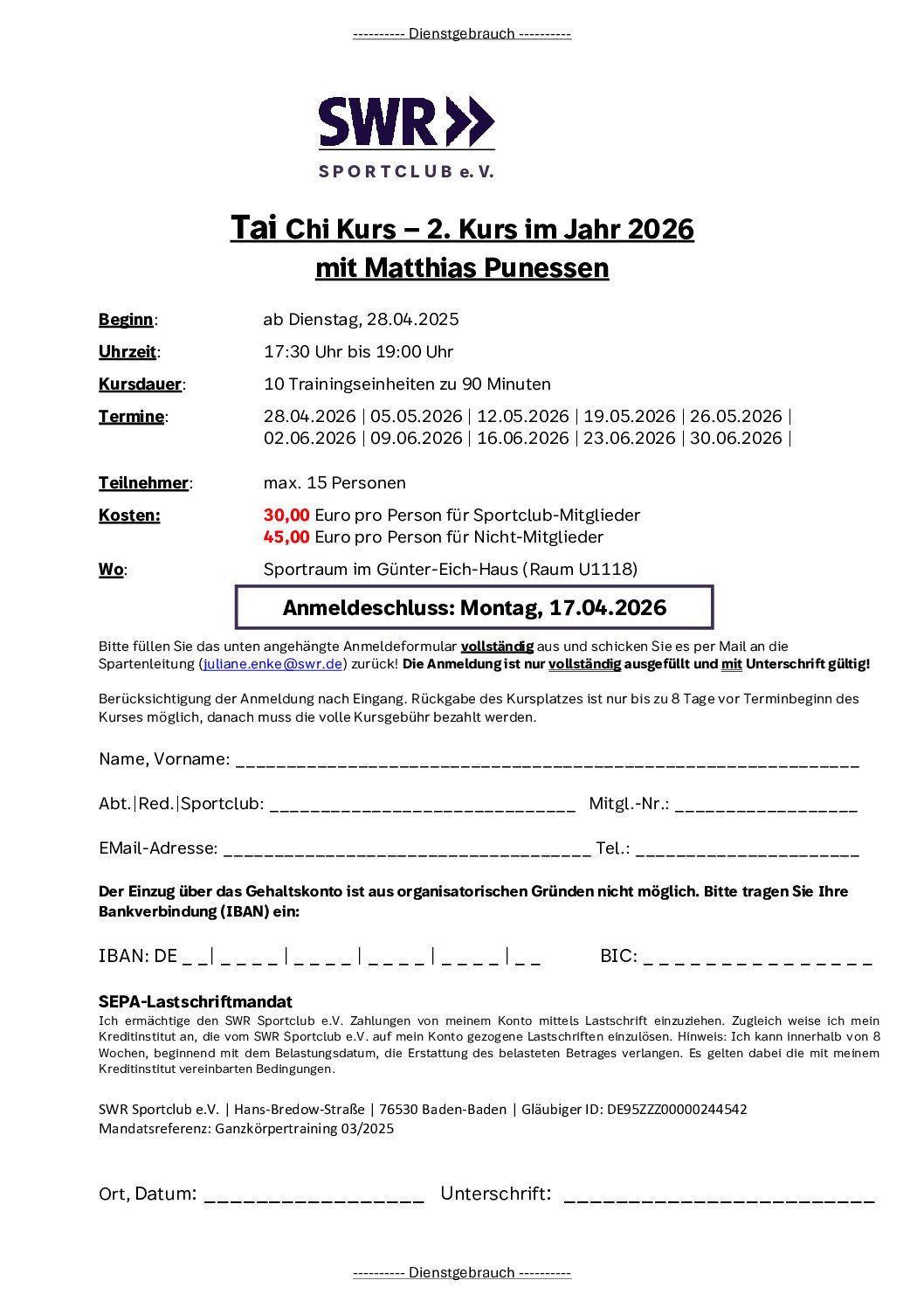 Anmeldeformular Tai Chi Kurs 2 / 2026